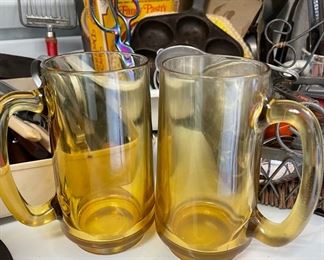 2 Amber Glass Beer Mugs