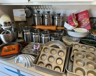 Assortment of Muffin Pans, Cake Pans, Kitchen Aid Classic Mixer, Set of 7 Stainless Steel Canisters