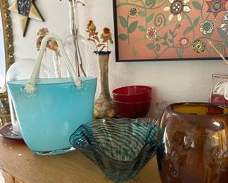 Baby Blue Blown Glass Purse, Blue Striped Blown Glass Bowl, Amber Glass Vase