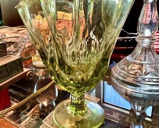 Green Glass Swung Design Candy Dish with Pedestal