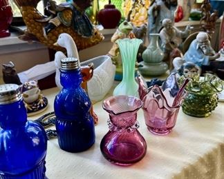 Cranberry Blown Glass Vase, Cobalt Blue Depression Style Glass Salt & Pepper Shaker Set