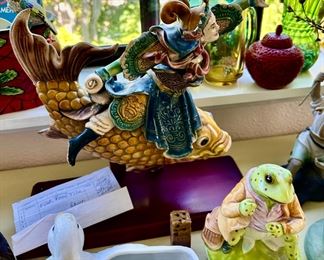 Qing Dynasty Chinese Ceramic Roof Tile- Warrior on Carp, 1977 Schmid Early Beatrix Potter - Jeremy Fisher Frog Porcelain Rotating Musical Figurine