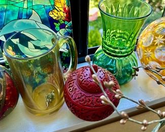 Mid Century Green Glass Vase, Chinese Cinnabar Ginger Jar