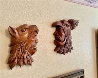 2 Wood Carved Jose Pinal Mexican Folk Art Warrior Wall Hanging