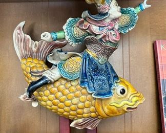 Qing Dynasty Chinese Ceramic Roof Tile- Warrior on Carp