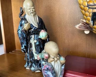 God of Longevity Mudman Figurine, Small Chinese God of Longevity Mudman Glazed Clay Figurine