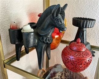 Oaxaca Mexico Black Pottery Donkey Candle Holder, Chinese Cinnabar Ginger Jar