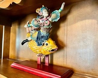 Qing Dynasty Chinese Ceramic Roof Tile- Warrior on Carp