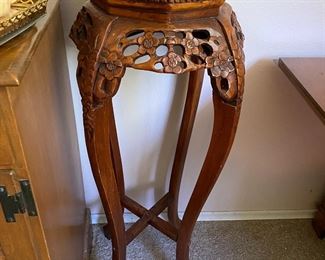 Chinese Chippendale Carved Wood Tall Stand Table Marble Top