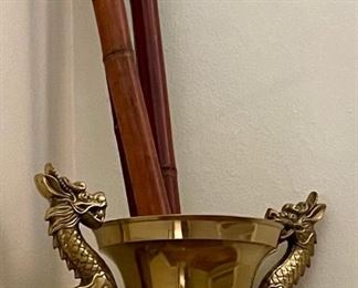 Large Brass Dragon Handled Vase With Bamboo