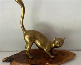 Large Vintage Solid Brass 14" Cat Figurine With Wood Base