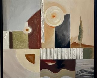 Modern Oil On Canvas Abstract Painting With Dark Wood Frame