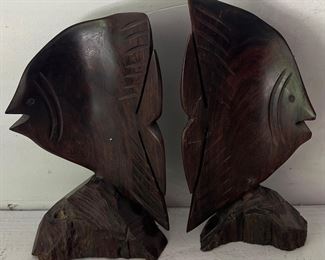 Pair Of Hand Carved Ebony Wood Fish Book Ends