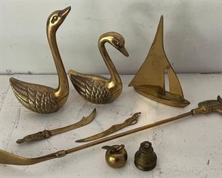 Vintage Brass Lot - Swans, Sailboat, Shoe Horn, Scimetar, Bells, And More