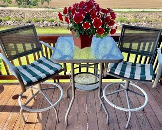 Aluminum Glass High Top Patio Set With Table And 2 Chairs With Cushions