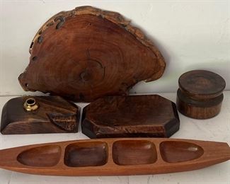 Wood Lot - Inkwell With Brass Insert, Divided Bowl, And Bases