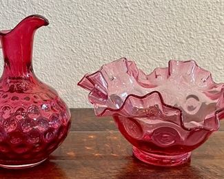 Fenton Cranberry Coin Dot Ruffled Edge Bowl And Pitcher With Pulled Handle