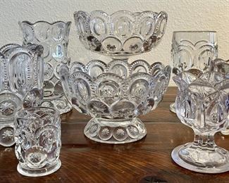 Lot Of L E Smith Moon And Stars Clear Glass Compotes, Vases, Toothpick Holder, Glasses, And More