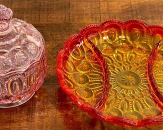 L E Smith Pink Moon And Stars Covered Candy Dish(as Is) And An Amberina Moon And Stars Divided Dish