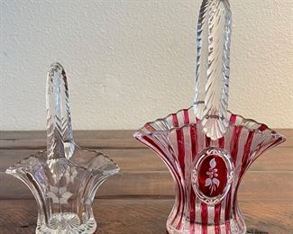 Westmoreland 40th Anniversary Cranberry Basket And A Clear Etched Flower Basket