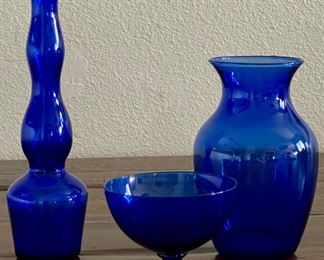 (3) Cobalt Blue Glasses - (2) Vases And (1) Small Compote