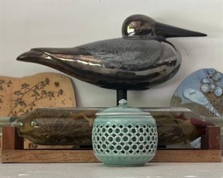 Eclectic Decor Lot - Pottery Wall Plaques, Bird Figurine, Bottled Herbs, And More (as Is) 