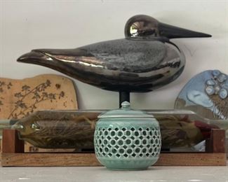 Eclectic Decor Lot - Pottery Wall Plaques, Bird Figurine, Bottled Herbs, And More (as Is)