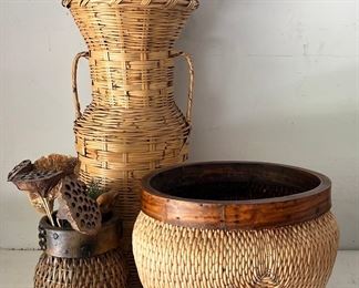(3) Large Woven Wicker And Ratan Baskets With Faux Greenery