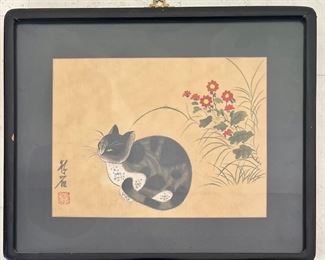 Vintage Japanese Wood Block Signed Cat Print