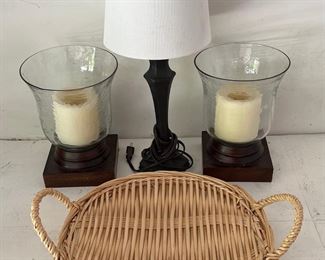 Resin 19" Table Lamp With (2) Wood And Glass Candles With Ratan Tray With Handles