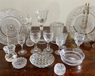 Vintage And Antique Clear Pressed Glass And Crystal Lot - Plates, Toothpick Holder, Salts, Cordial, And More