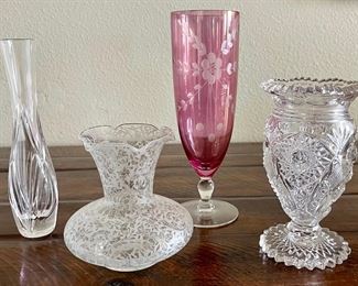 Antique Pressed Celery , Cranberry Etched Vase, Fostoria Lace Vase, And More