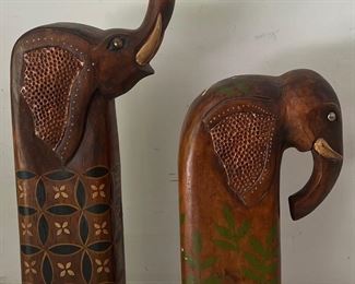 (2) Wooden Painted Elephant Figurines (as Is)