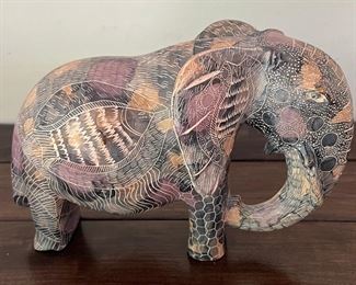 Signed AHL 1991 Colorful Carved Stone Elephant Figurine
