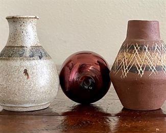 (2) Studio Pottery Hand Made Vases And A Iridescent Antique Glass Chinese Float
