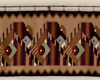 Vintage Hand Woven Wool Geometric Pattern Rug With Cotton Fringe From Greece And Curtain Rod