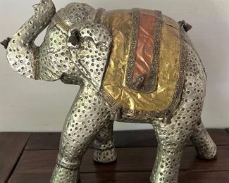 Vintage Copper And Tin Covered Wooden Elephant Figurine With Bells 