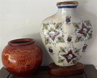 Hand Painted Mexico Pottery Vase On Stand And An Asian Carved Bowl