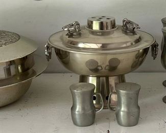 Solid Brass Potpourri With Hot Pot, (4) Pewter Goblet, And Pewter Salt And Pepper