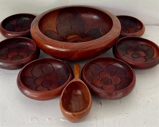 Wooden Carved Boho 8 Piece Salad Bowl Set