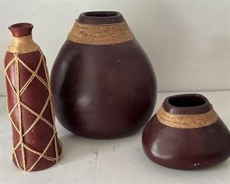 (3) Decorative Twine Wrapped Pottery Vases