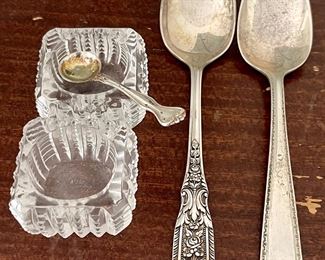 (2) Miniature Crystal Antique Salts With Sterling Silver Salt Spoons And (2) Sterling Westmoreland 5.5" Spoons