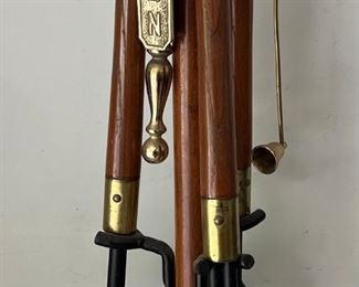 Vintage Wood And Wrought Iron 32" Fireplace Set With Brass Trim - Ash Scoop, Poker, Brush, And Hooks