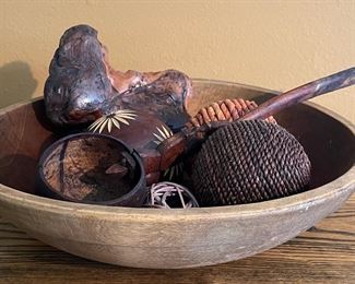 Hand Carved Wooden Bowl And A Hand Carved Ladle With Assorted Driftwood And Balls
