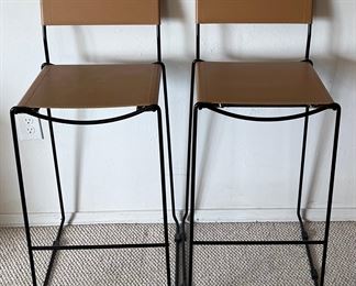 Pair Of Made In Italy Tan Leather Seat Bar Stools 