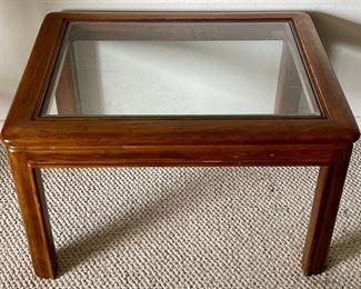 Vintage Drexel Heritage Oak Side Table With Glass Top 