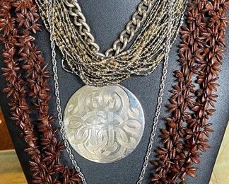Vintage Costume Necklaces Multiple Strand Seed Bead - Seed Pot & Gold Tone Metal With Medallion - Silver Chain