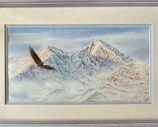 Original Watercolor By Barbara Moore 1991 - Soaring Near Longs Peak Colorado In Custom Frame 