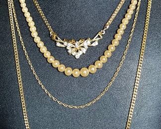 Vintage Necklace Lot - Faux Pearls - Gold Filled Chain - Gold Tone Chain With Rhinestone Pendant & More