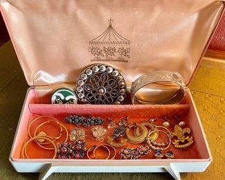 Vintage Farrington Jewelry Box With Assorted Clip On Earrings - Sweater Clip - Bangle Bracelet & More